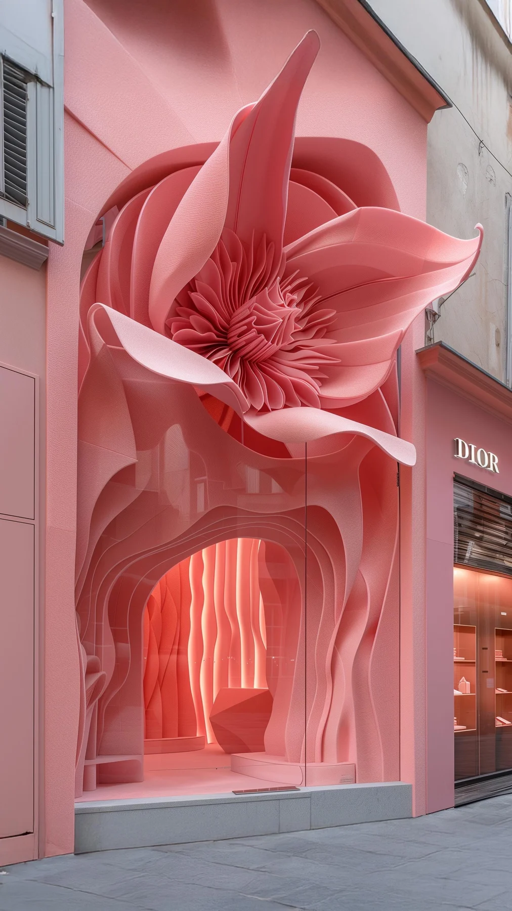 Sculptural pink flower enveloping a building facade